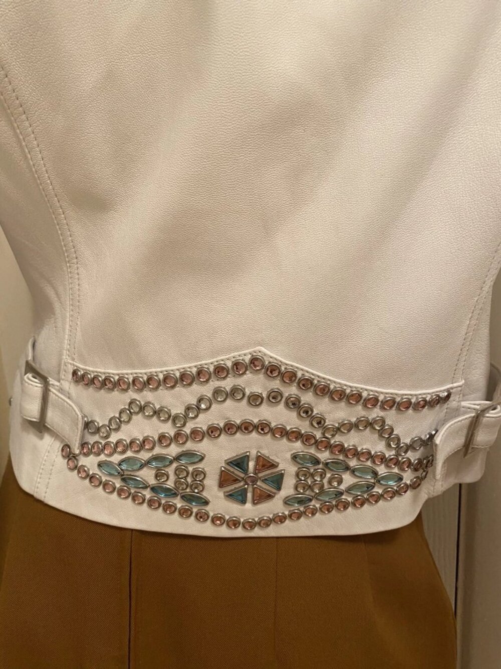 CRIPPLE CREEK Off White Leather Rhinestones Embellished Blingy Jacket S Small - Picture 14 of 16